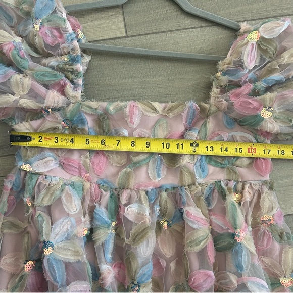 Storia Stacy Sequin Floral Multi Puffed Sleeve Sparkle Babydoll Mini Dress L - Picture 10 of 11